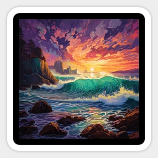 Sunset Wave, Beautiful Sunset Seascape with Setting Sun Sticker